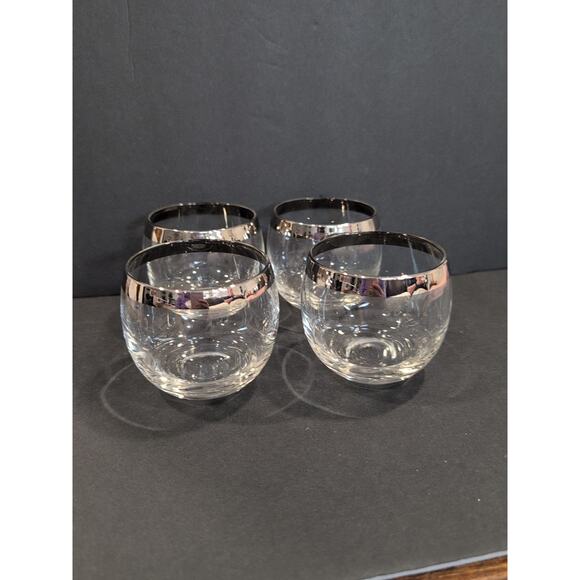 Roly Poly Stemless Wine Cocktail Glasses with Silver Band Set of 4 Vintage 6oz - Picture 1 of 5